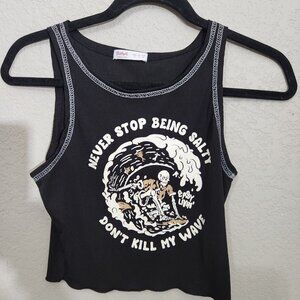 Romwe Tank Top Crop Womens Small Black Never Stop Being Salty Dont Kill My Wave